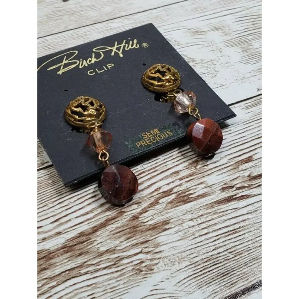 Vintage Birch Hill Clip On Earrings Brown Semi Precious Dangle - Fair Condition